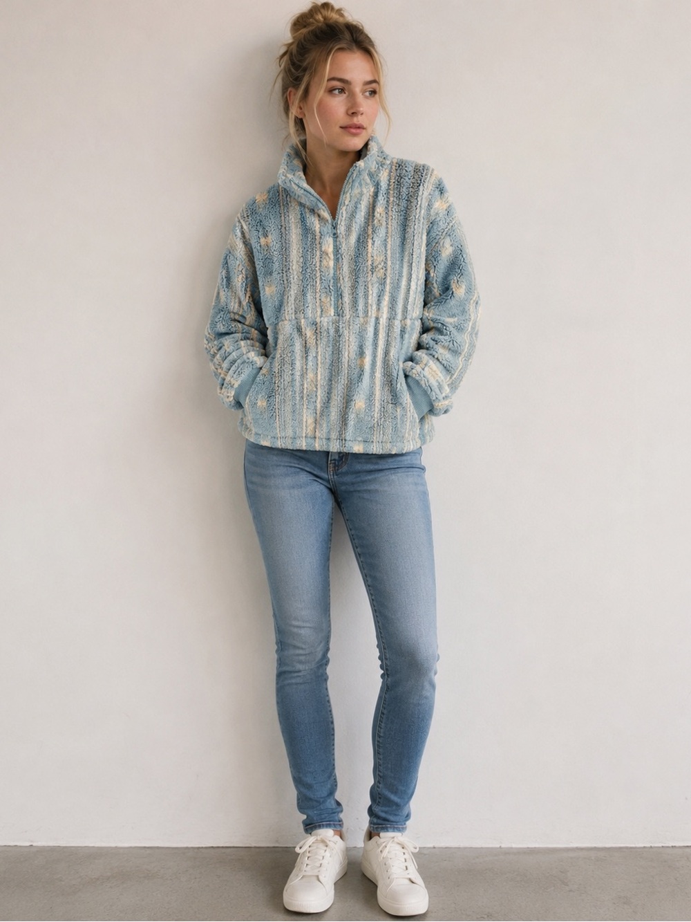 Cozy Blue Sherpa Quarter-Zip Pullover w. Pockets (Unworn)
